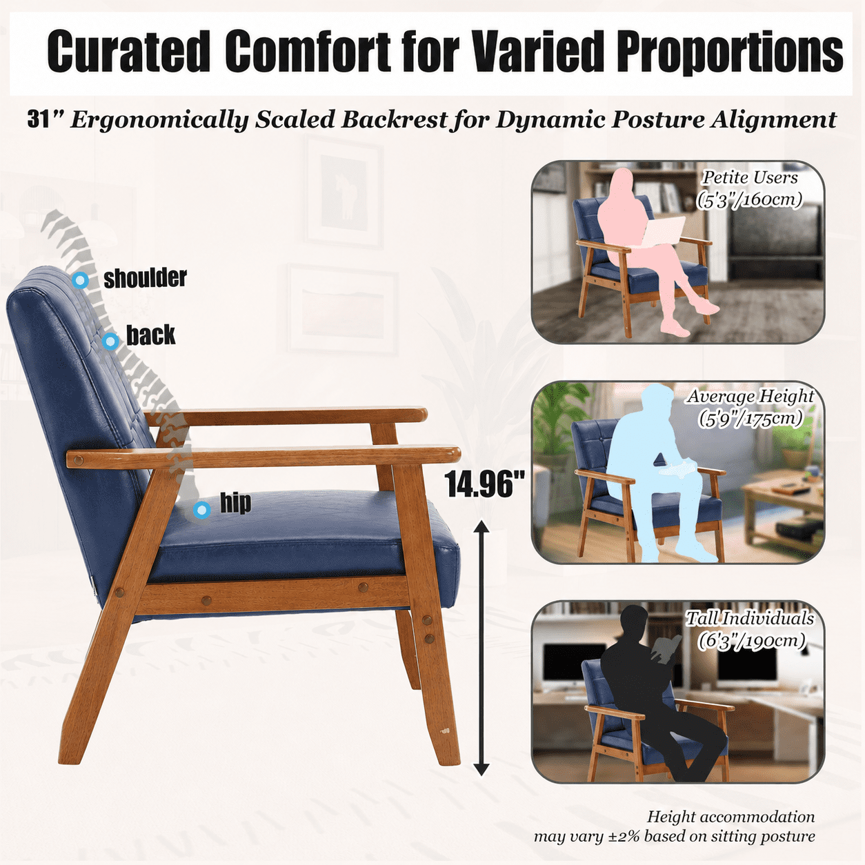 MOONMISS Accent Chair Set of 2,Mid Century Modern PU Armchair with Wood Frame for Living Room Bedroom Study Room Easy Assembly,Navy