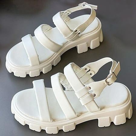 

Sawvnm New Style Sponge Cake Thick Sole Buckle Women s Shoes Hollowed Out Solid Color Sandals on Clearance White US:6