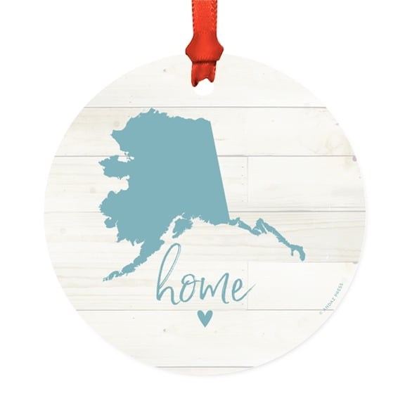 US State Round Metal Christmas Ornament, Rustic Light Wood Print, Alaska Home, Includes Ribbon and Gift Bag