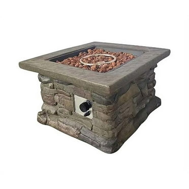 The Cold Remedy Outdoor Propane Fire Pit Table w Imitation Stone, Lava Rocks & Cover