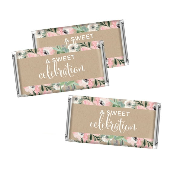 Peach Coral Kraft Brown Rustic Floral Garden Party Wedding, Hershey Bar Labels, A Sweet Celebration, 10-pack