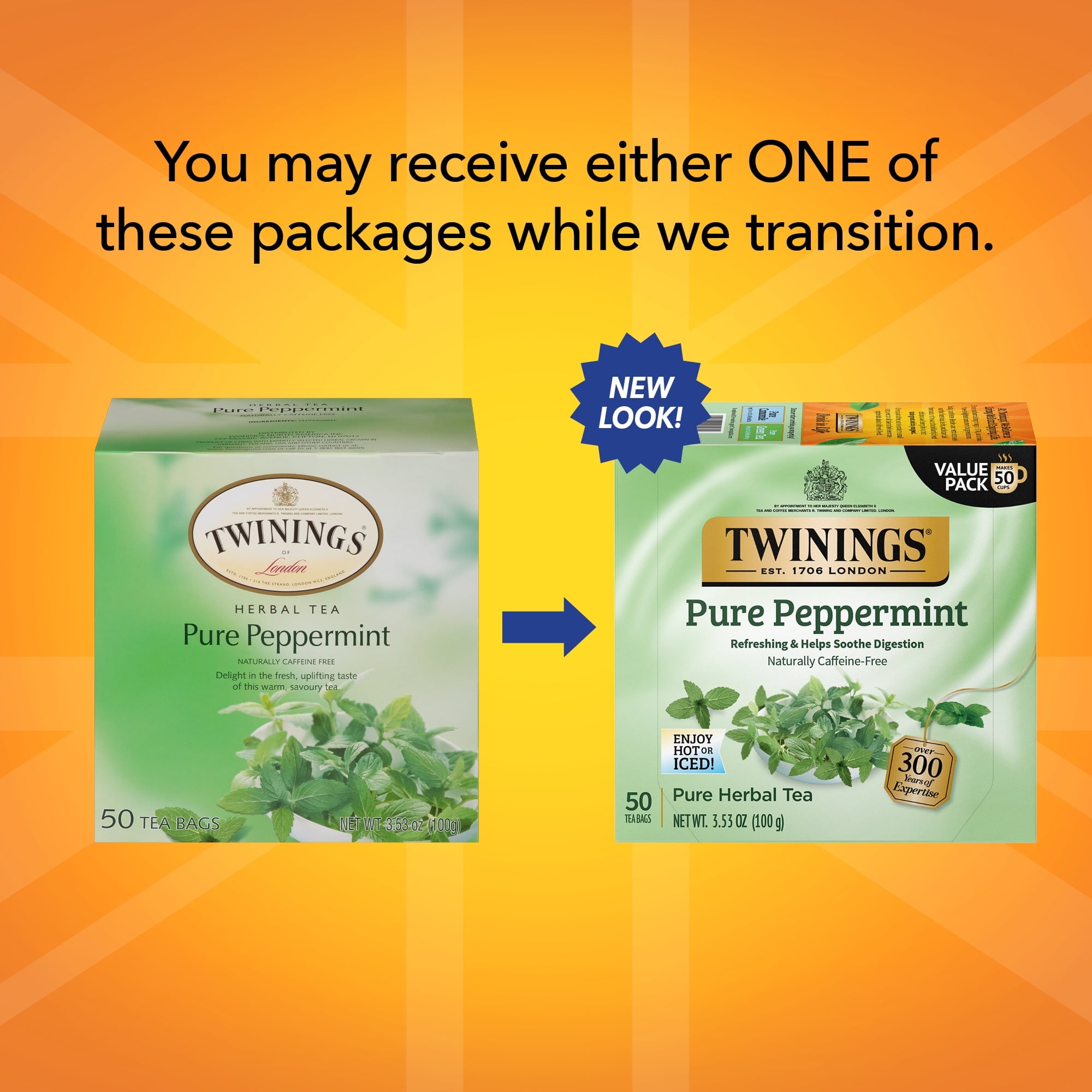 (3 pack) Twinings, Herbal Tea, Pure Peppermint, Caffeine Free, 50 Tea Bags, 3.53 oz