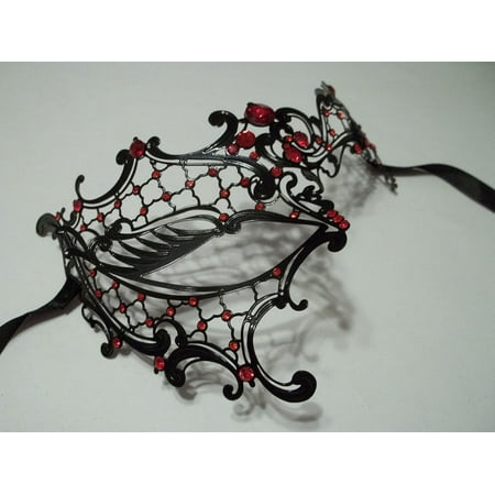 Black Red Rhinestone Phantom Laser Cut Venetian Masquerade Metal Filigree Mask