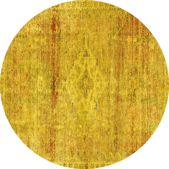 Ahgly Company Machine Washable Indoor Round Medallion Yellow Traditional Area Rugs, 4' Round