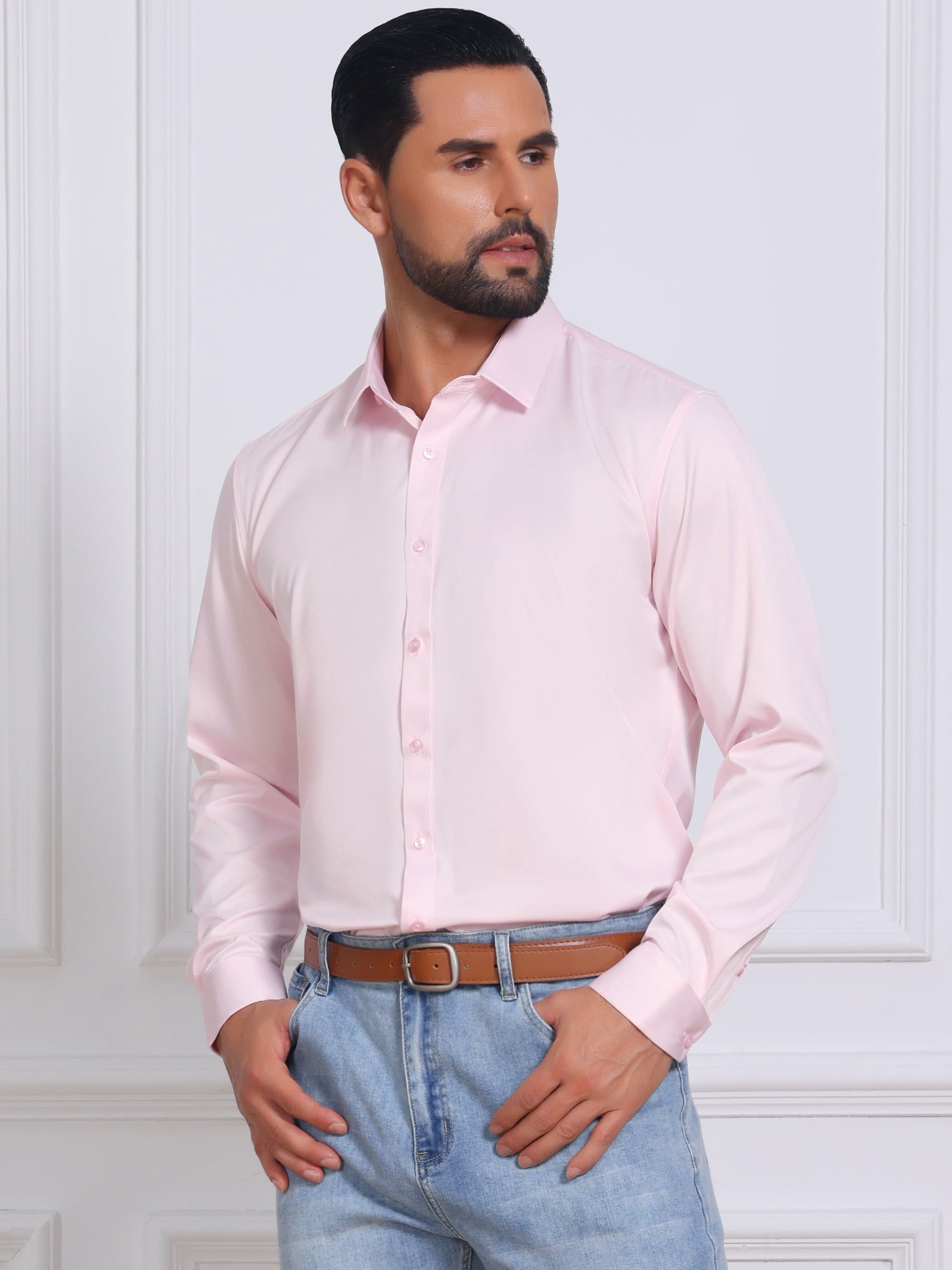 DARING DIVA Men's Point Collar Long Sleeve Button Down Formal Shirts XL Pink