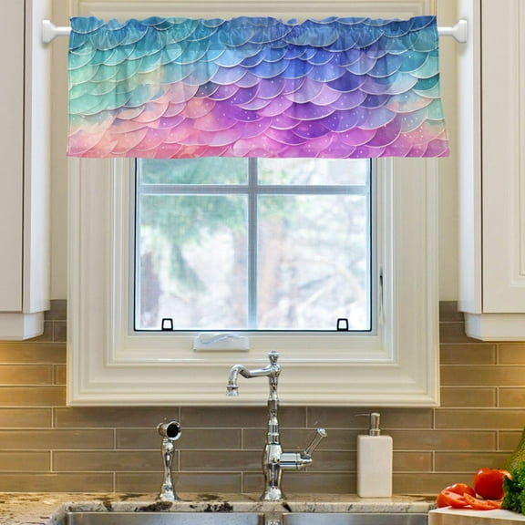 Ryvnso Mermaid Scales Window Valance Kitchen Farmhouse Rod Pocket Short Curtain 54x18 inch