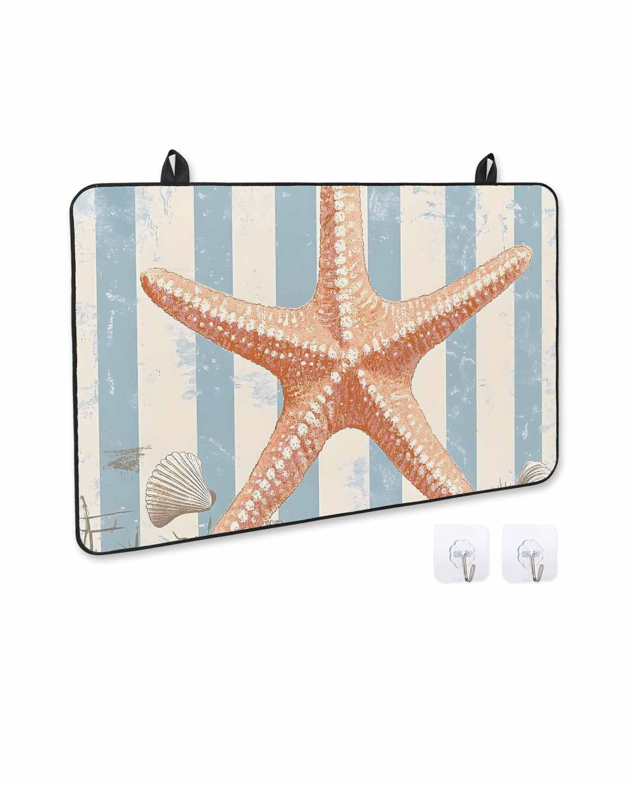 nqOlkjepod Large Induction Cooktop Protector Mat 24"x21", Coastal Starfish Stove Top Covers for Electric Stove, Summer Ocean Watercolor Stripe Stove Burner Cover Mats, Glass Top Stove Cover