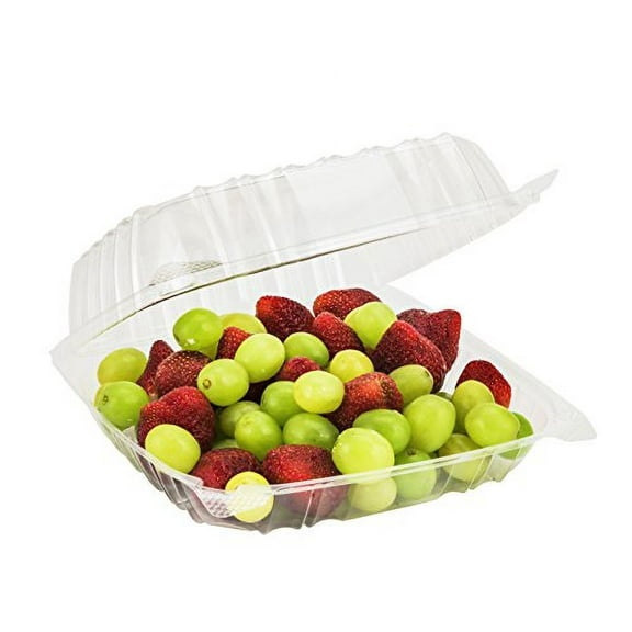 SafePro 8x8x3 Clear Hinged Lid Plastic Container, (CASE of 50), OPS (Oriented Polystyrene) Square Cold Clamshell Container