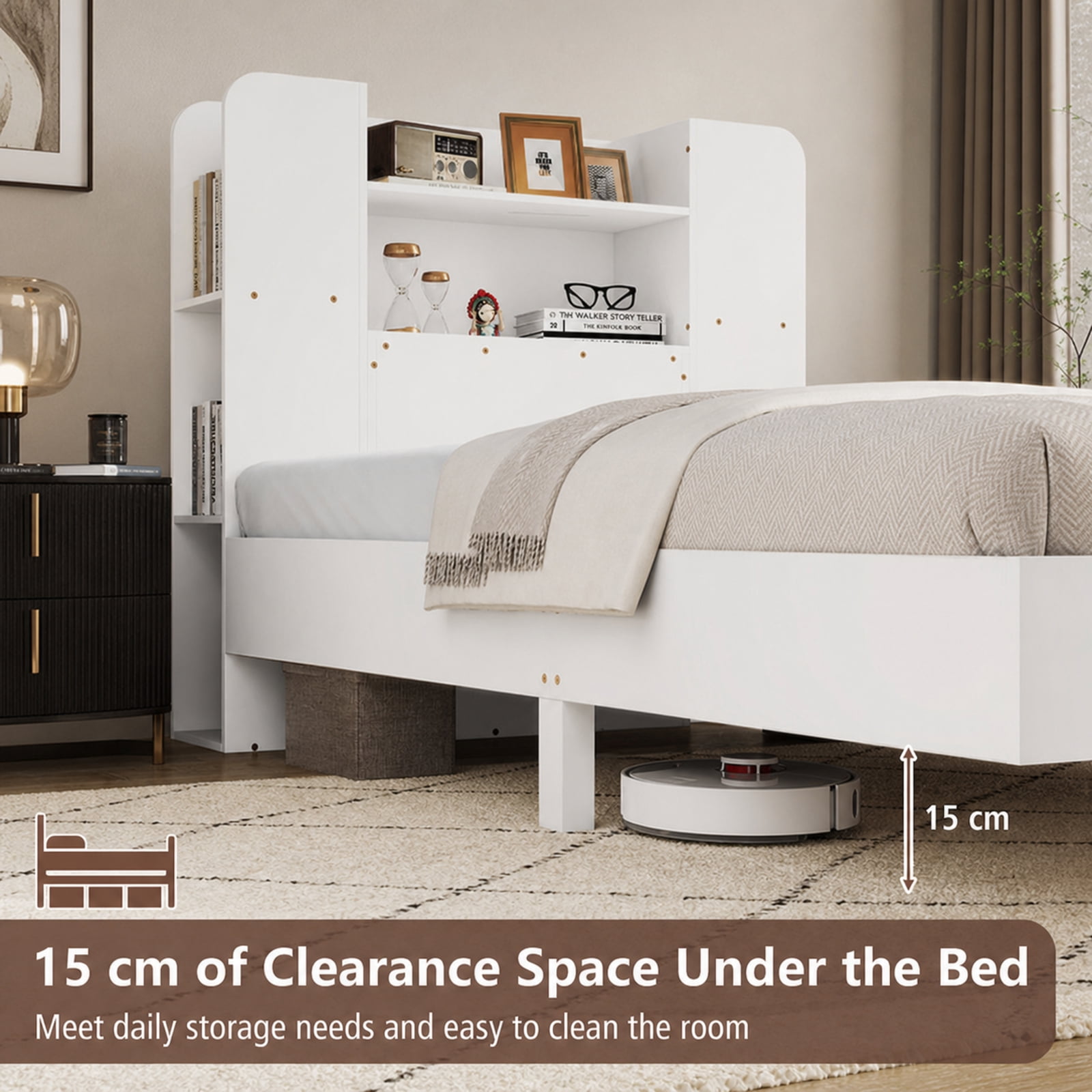 Furnibear Twin Platform Bed Frame with Built in Bookcase Headboard 2 Tier Shelf 6 Open Compartments Solid Wood Slats and No Box Spring Needed, White