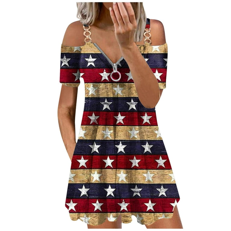 Lilgiuy Beach Sun Dress for Ladies Sexy Zipper Neck Printing Independence  Day Hollow Out Short Sleeve Mini Dress