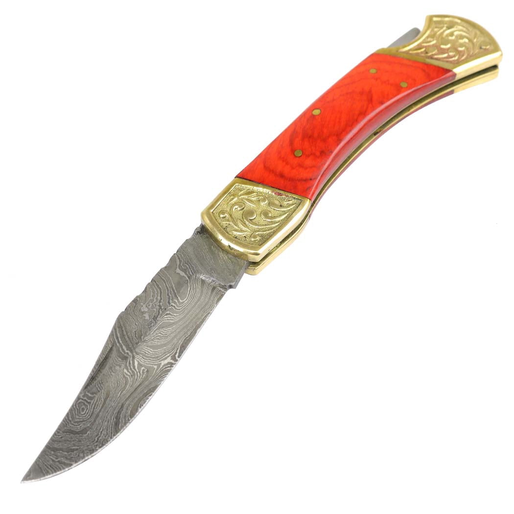 TheBoneEdge 9' Hand Made Damascus Blade Folding Knife Pakkawood Handle Orange