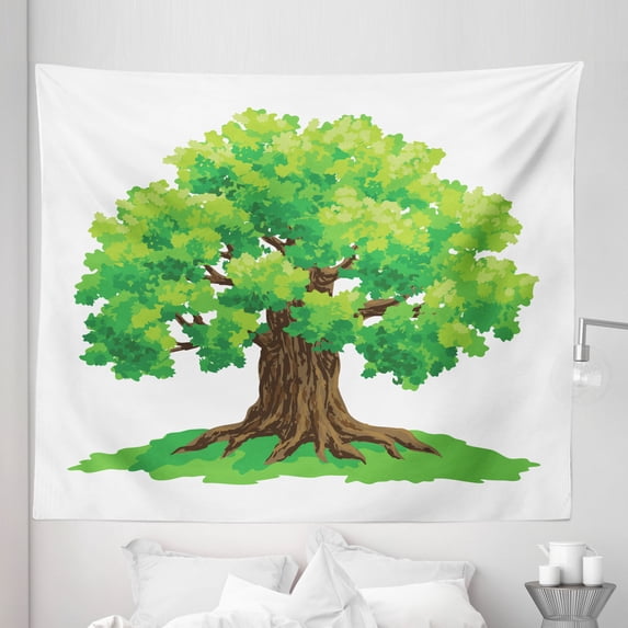 Oak Tree Tapestry, Simple Cartoon Drawn Branches in Spring Design Colorful Nature Scene, Fabric Wall Hanging Decor for Bedroom Living Room Dorm, 5 Sizes, Lime Green Umber White, by Ambesonne