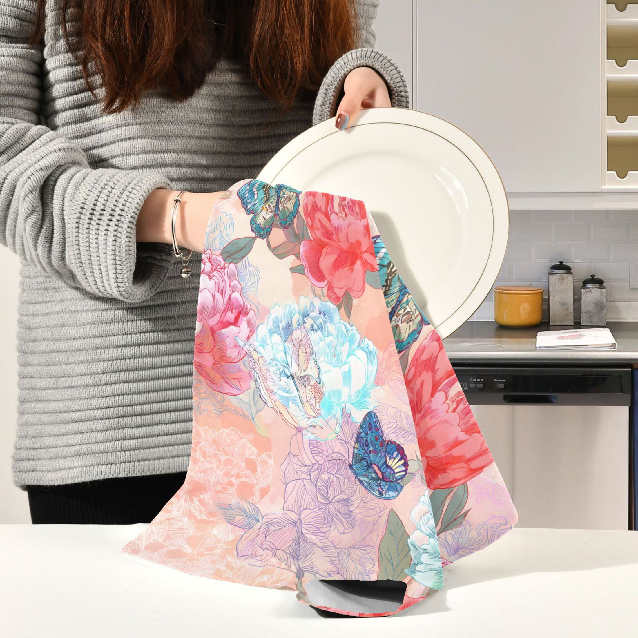 Dreamy Floral Butterflies Kitchen Towels Dishcloth Decorative Waffle Towels Multi Use Tea Towel Dish Cloths 28x18in