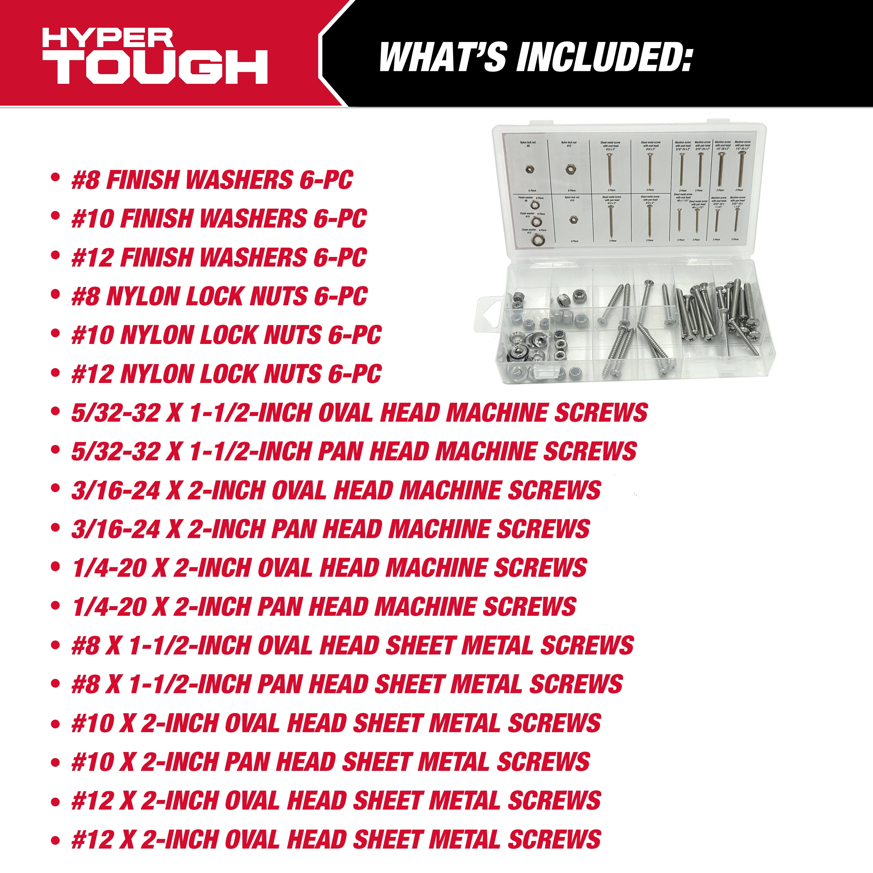 Hyper Tough 72-Piece Stainless Steel Screw and Nut Assortment with Clear Storage Case, 5502