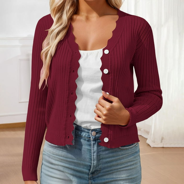 HNMKIU Short Cardigans for Women Fashion V-Neck Scalloped Edge