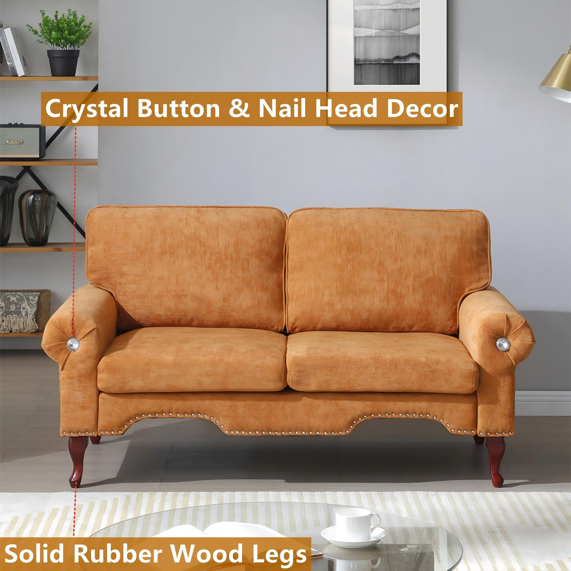 Aukfa 66" Small Sofa Deep Seat Couch with Crystal Button&Copper Nail, Roll Arm, Linen, Orange
