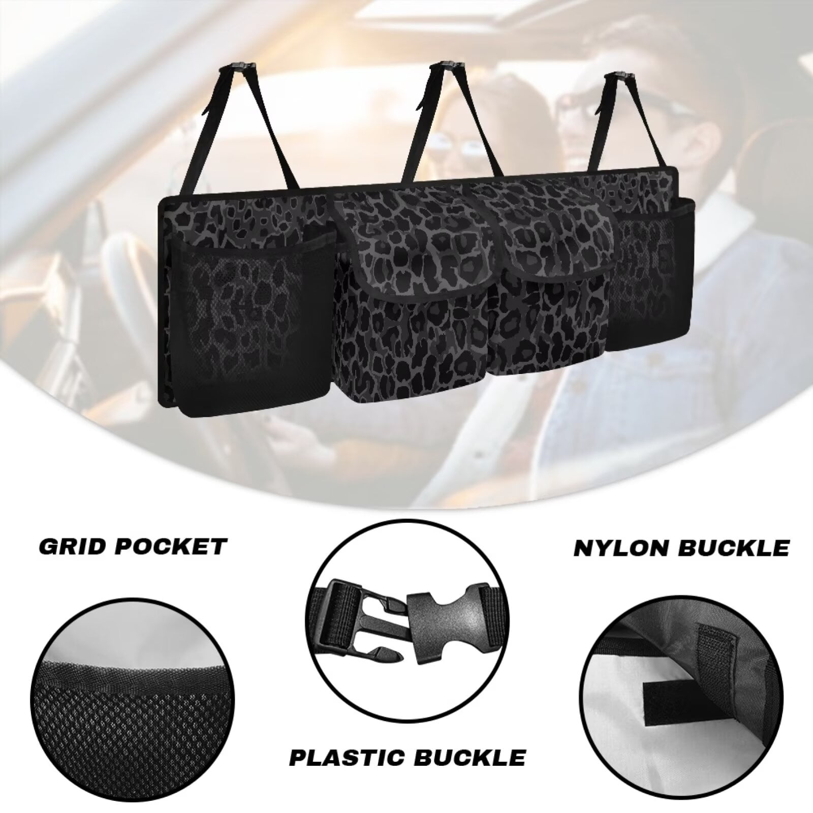 KUIFORTI Car Trunk Organizer Small SUV Trunk Organizers and Storage, Balck Leopard Print Car Organization Women Stylish Car Accessories with 4 Pockets, Leave Room for Buying and Shopping