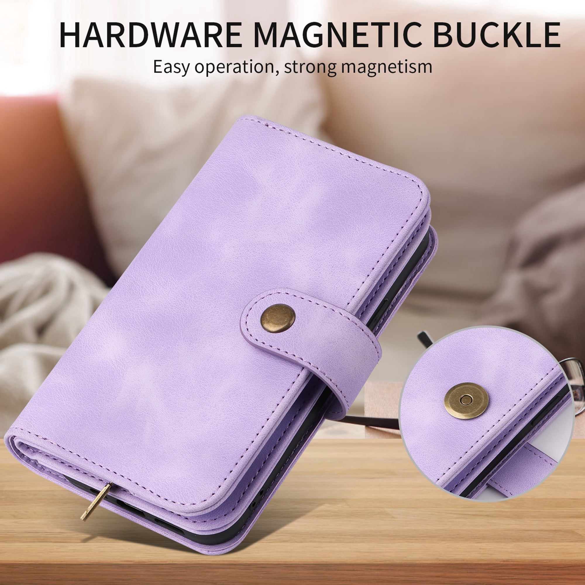 Dteck for Apple iPhone 14 Pro 6.1 inch Wallet Case for Women Men, Sturdy PU Leather Case Magnetic Flip Zipper 7 Cards Holder Wristlet & Shoulder Strap Kickstand Phone Case,  Purple