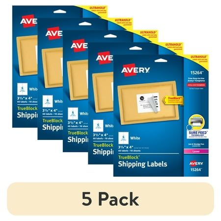 (5 pack) Avery Shipping Labels, 3-1/3" x 4", Paper, White, TrueBlock®, Laser/Inkjet, 60 Labels (15264)