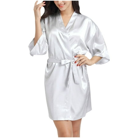VONCOS Women s Satin Robe Sleepwear- Summer Sexy Sling Bathrobe Valentines Lingerie for Women Short Robes Silver Size S