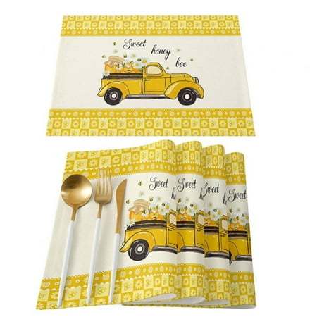 

Placemats Set of 4 Washable Sweet Honey Bee Placemat for Dining Table Decorations Heat-Proof Table Mats for Kitchen Dinner Banquet Summer Bee Yellow Truck