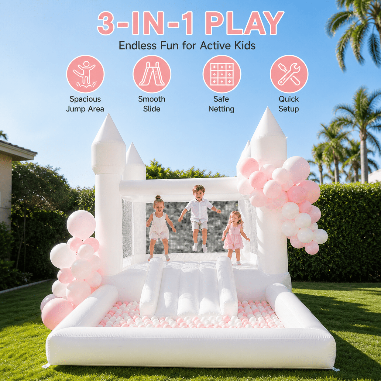 Connsann White Bounce House Oxford with Air Blower & Ball Pit for Kids Birthday Party, 13' x 8' x 8'