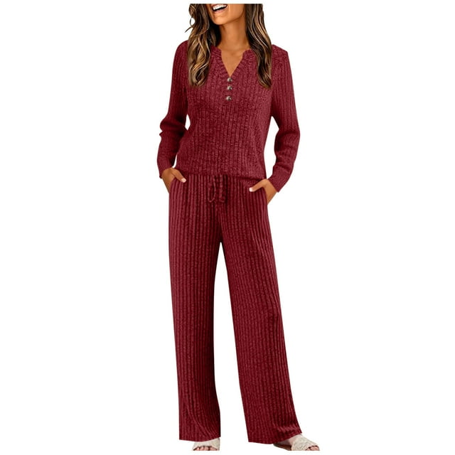 UAMVSH Womens Lounge Sets 2 Piece Ribbed Knit Long Sleeve Tops Matching Wide Leg Pants Set Casual Button V Neck Sweatsuits with Pockets