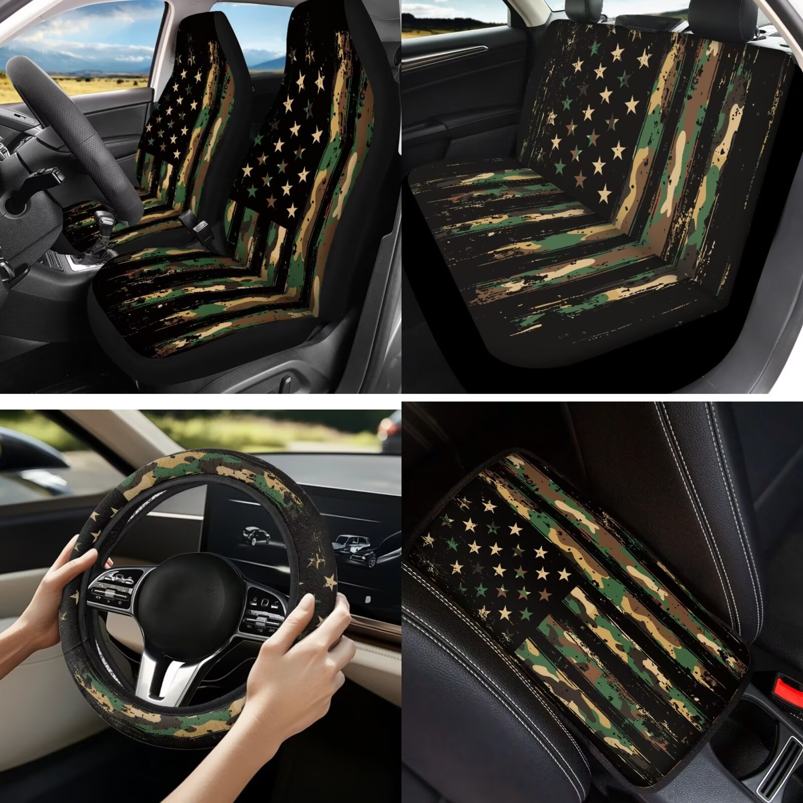 Garronmavis 13-Piece Car Accessory Set Includes Front and Rear Seat Covers Armrest Cover Pad Steering Wheel Cover Key Fob Coaster Lipstick Cover Protective Cover American Flag Camouflage