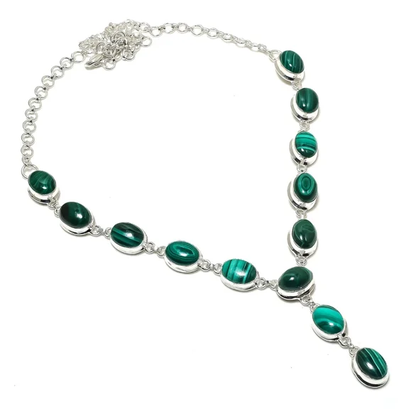 Malachite Gemstone Necklace Handmade Beautiful Necklace Natural Oval Cabochon Green Malachite 925 Sterling Silver Plated Jewelry 22 Inch Adjustable Necklace