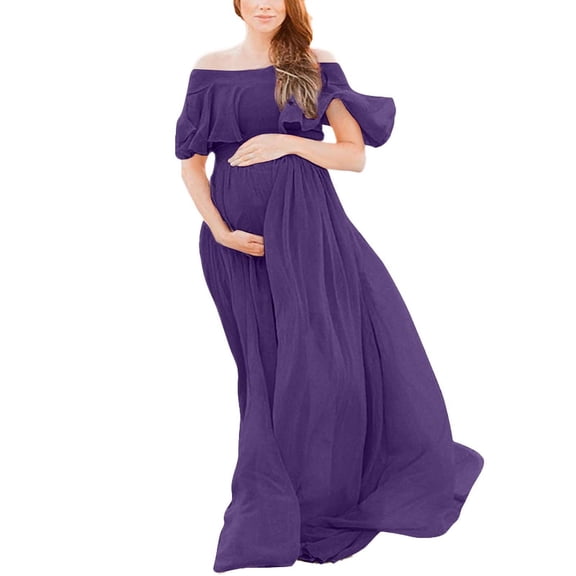 Edvintorg Pregnant Dresses for Women Ruffle Off The Shoulder Maternity Maxi Dress Chiffon Flowy Pregnancy Dress Women Summer Clothes Purple M