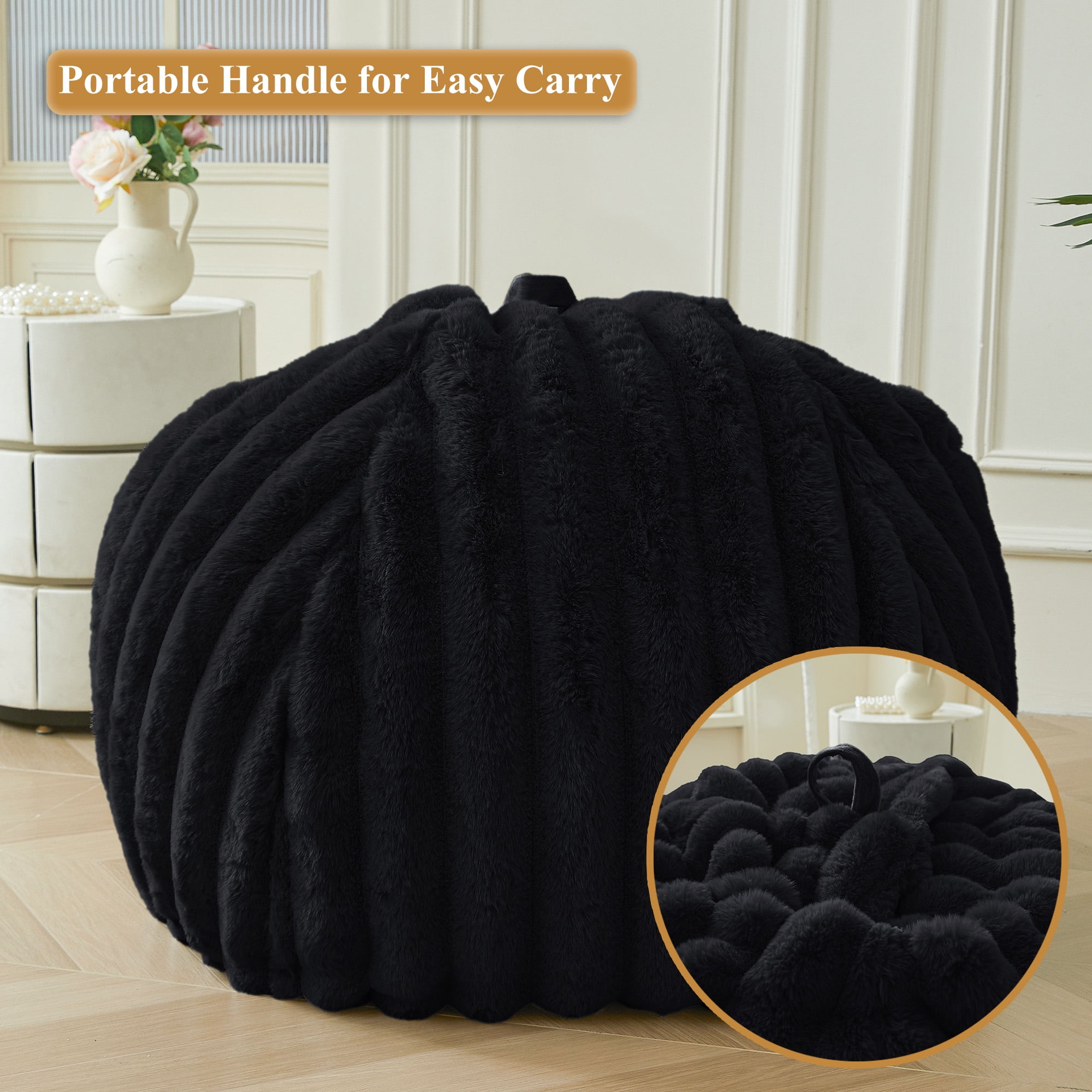 XeGe Fluffy Faux Rabbit Fur Bean Bag Chair Cover(No Filler), Luxury Plush Fuzzy Striped Stuffed Animal Storage Beanbag, 3FT Large Furry Ribbed Floor Lounger for Bedroom Living Room, Anti-slip, Black