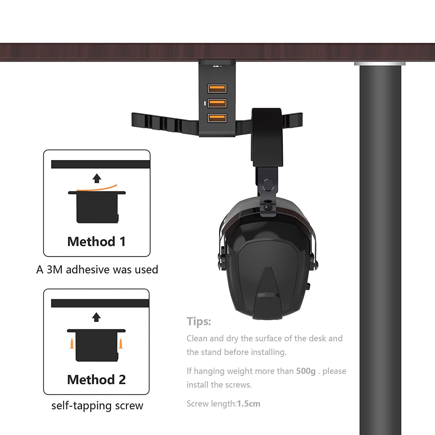 Headphone Stand With Usb Charger Under Desk Headset Holder Mount 3 Port Charging Station And Apple Watch Smart Dock Dual