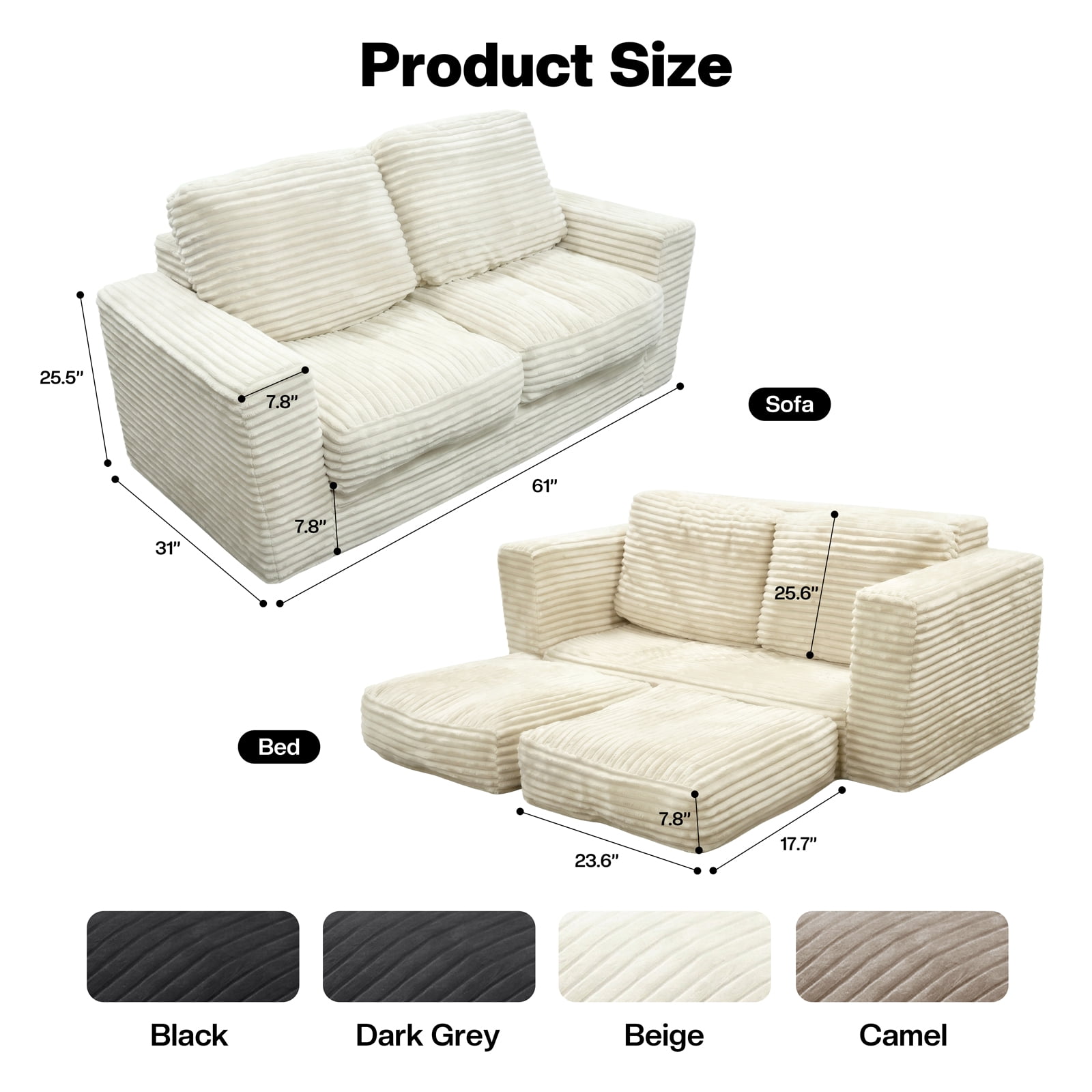 Kelyda 61''Boneless Loveseat Sofa, Modern Cloud Convertible Sofa Bed Couch Sleeper Chairs for Living Room Beige