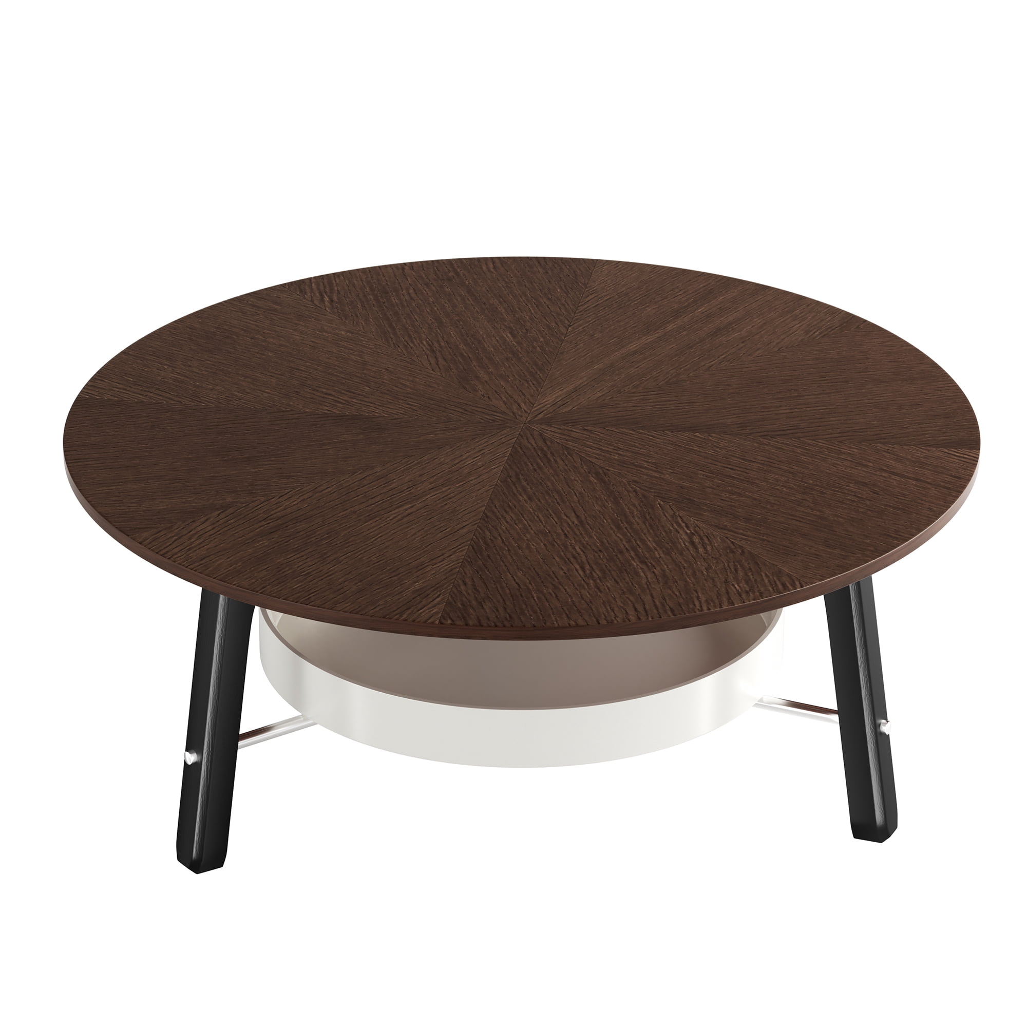 Coffee Table 35.43 Inch, Round Center Table with Storage Shelf and Black Wood Legs, Modern Accent Table for Living Room and Small Spaces, Walnut