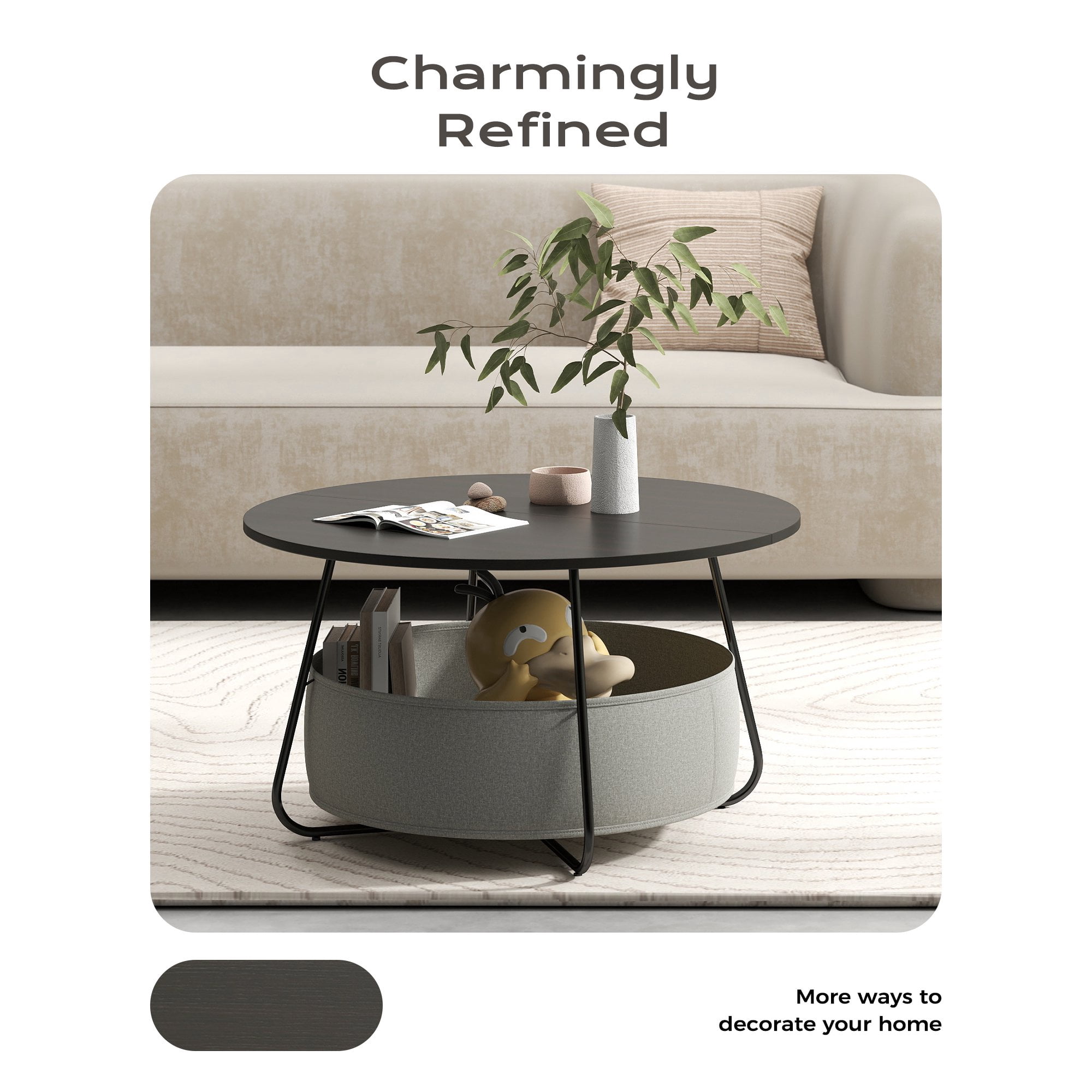 Manora Round Basket Coffee Table, Small Center Table for Living Room Home Office, Black & Brown
