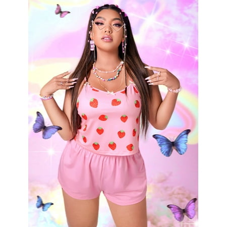 

Pink Cute Women s Plus Strawberry Print Bow Detail Pajama Set 1XL(14) Y22001D
