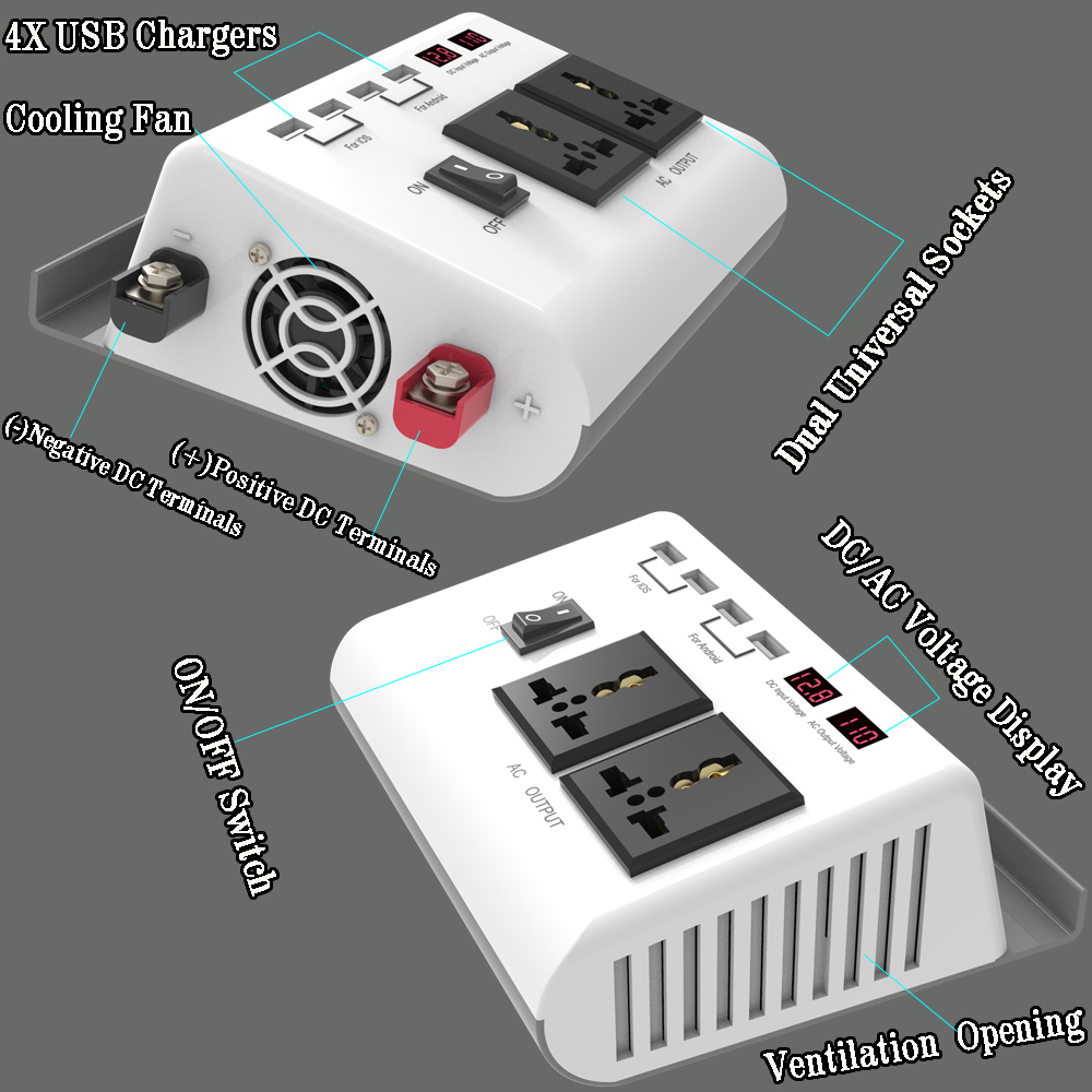 Power Inverter 300W 12V DC to 120V/110V AC with USB Charging Ports and 2 AC Outlets