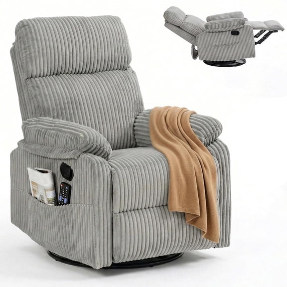 Manual Small Recliner Rocking Chair For Nursery/relaxation, Corduroy Swivel Glider Recliner For Living Room Bedroom, Grey Rocking Chair Nursery Recliners For Small Spaces, Side Pockets (gray)