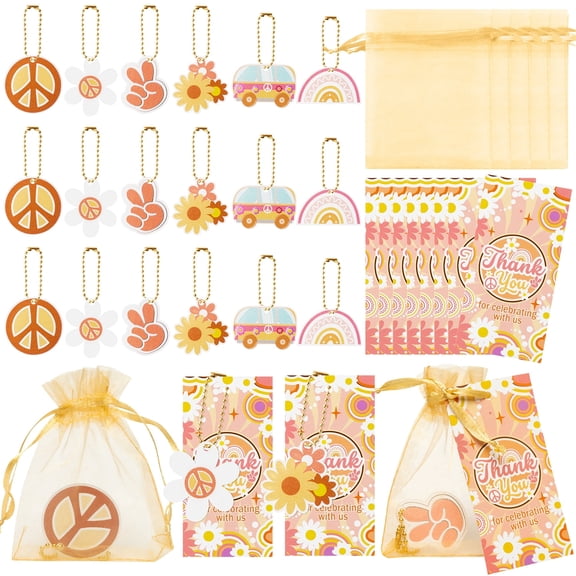 Haooryx Groovy Hippie Party Favors with Keychain Thank You Card Organza Bags for Wedding Birthday