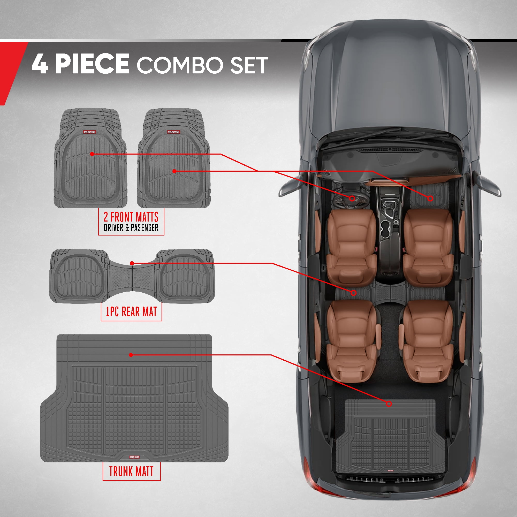 Motor Trend FlexTough Contour Liners Deep Dish 3 pc Rubber Floor Mats & Trimmable Trunk Liner Cargo Mat - Heavy Duty All Weather Protection Car Mats with Traction Grips Car Accessories (Gray)
