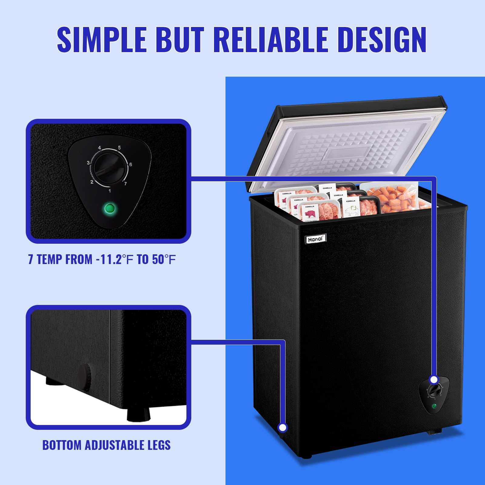 WANAI 3.4 Cubic Feet Chest Freezer Black deep Freezer with Adjustable Temp Knob Ideal for Any Room