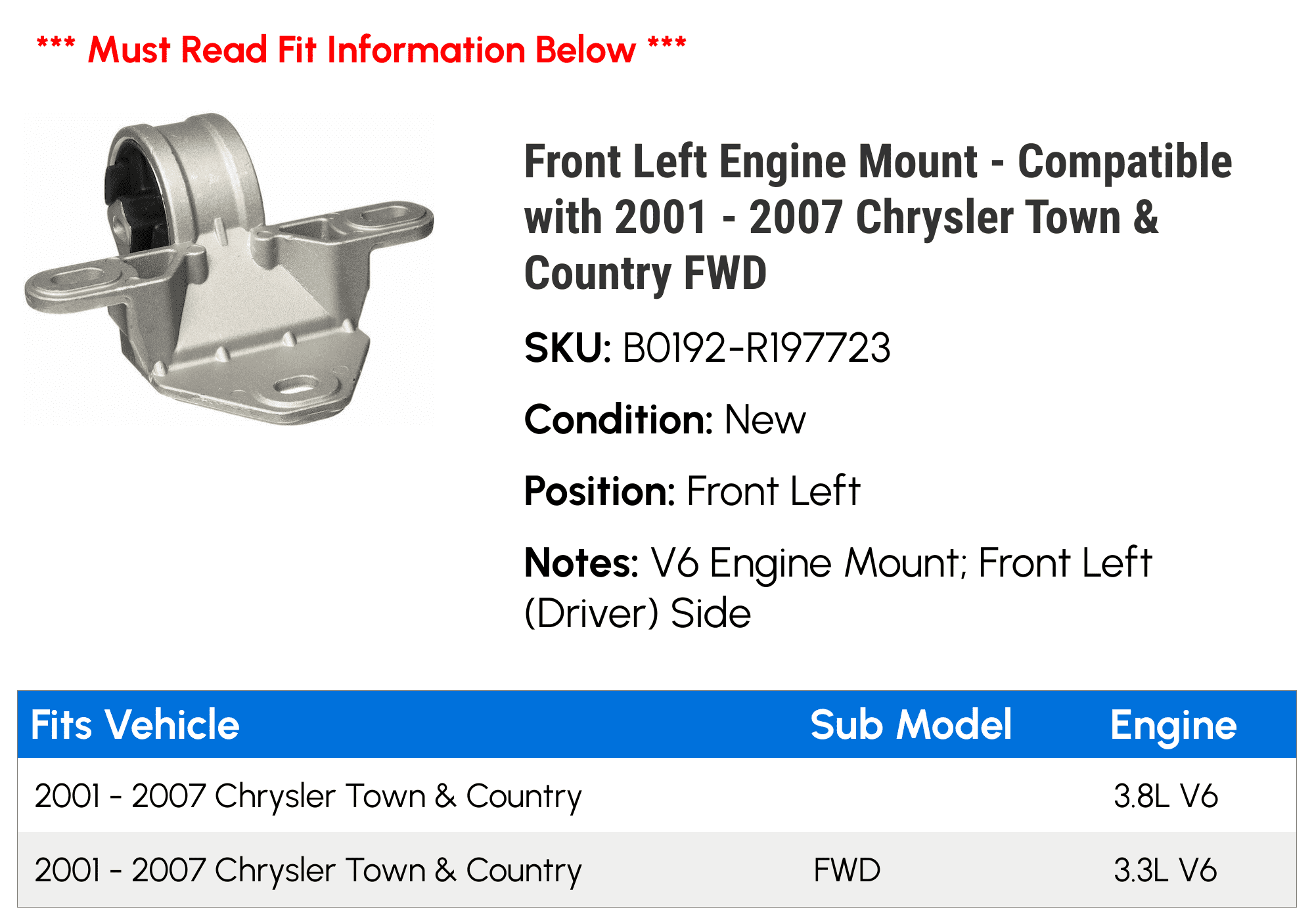 Front Left Engine Mount - Compatible with 2001 - 2007 Chrysler Town & Country FWD 2002 2003 2004 2005 2006