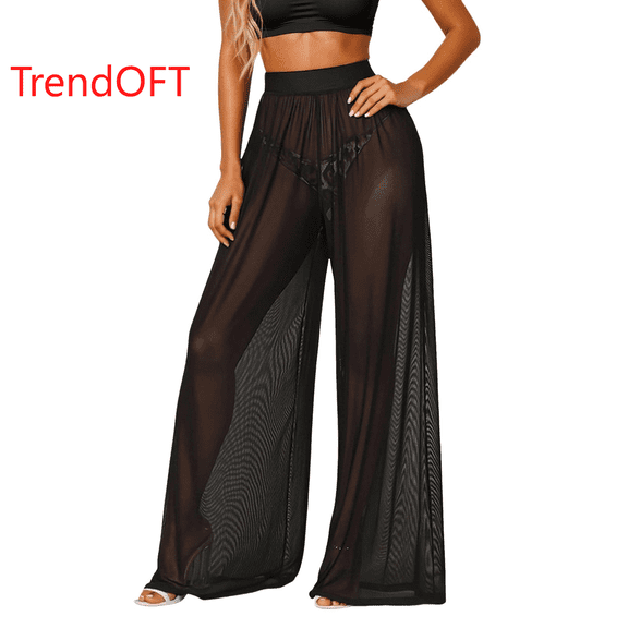 TrendOFT Women Ruffle Sheer Mesh Pants See Through Party Club Elastic High Waist Wide Leg Pants Bikini Bottom Swimsuit Cover up Beach Pants Black XL