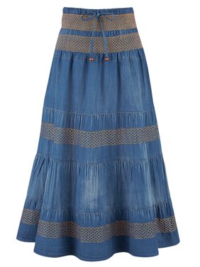 Women's Tiered A-Line Denim Boho Prairie Skirt, Xx-Large, Denim