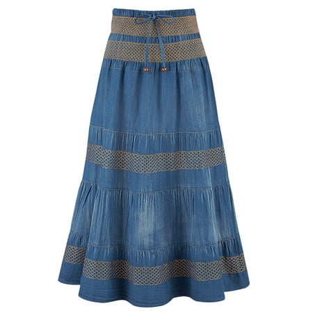 Women's Tiered A-Line Denim Boho Prairie Skirt, Xx-Large,