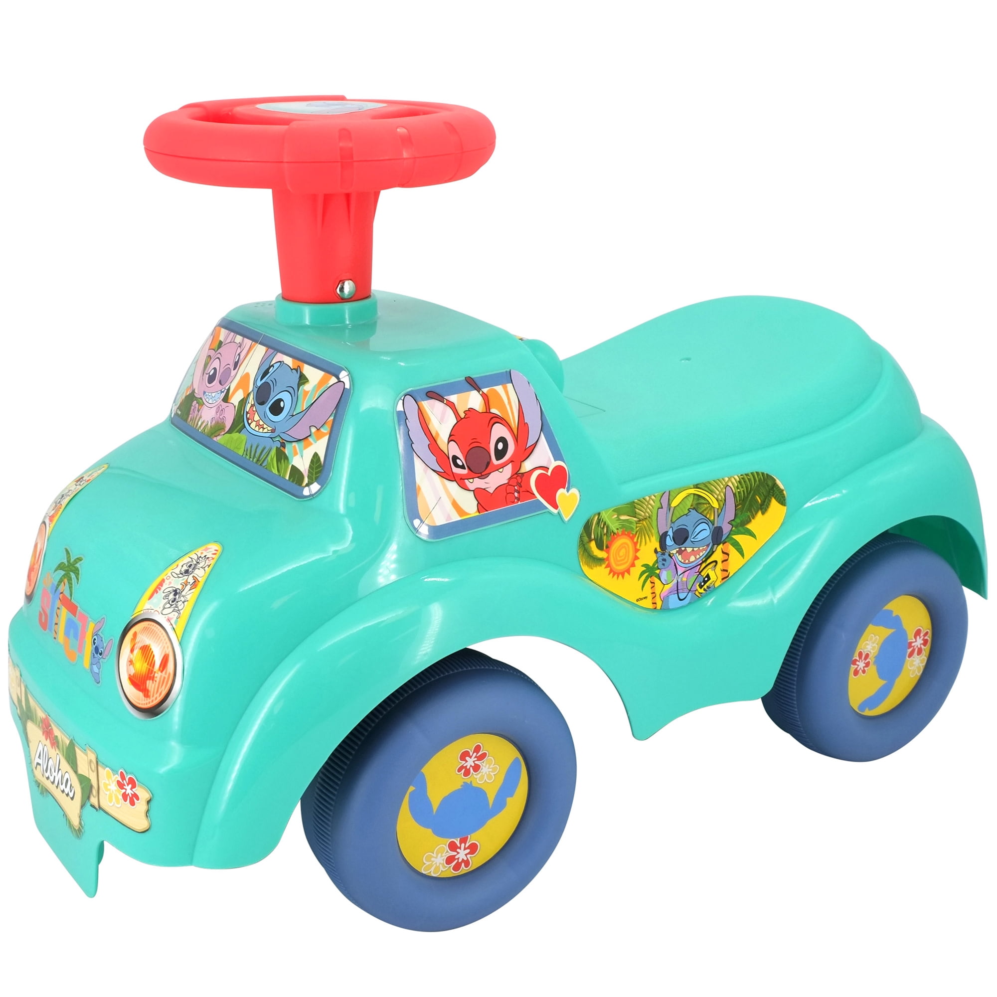 Kiddieland: My First Ride-On - Stitch - Teal & Red, Disney Character Lights & Sounds Foot-To-Floor Vehicle, Spin Roller & Steer Wheel, Toddler 12-36mo