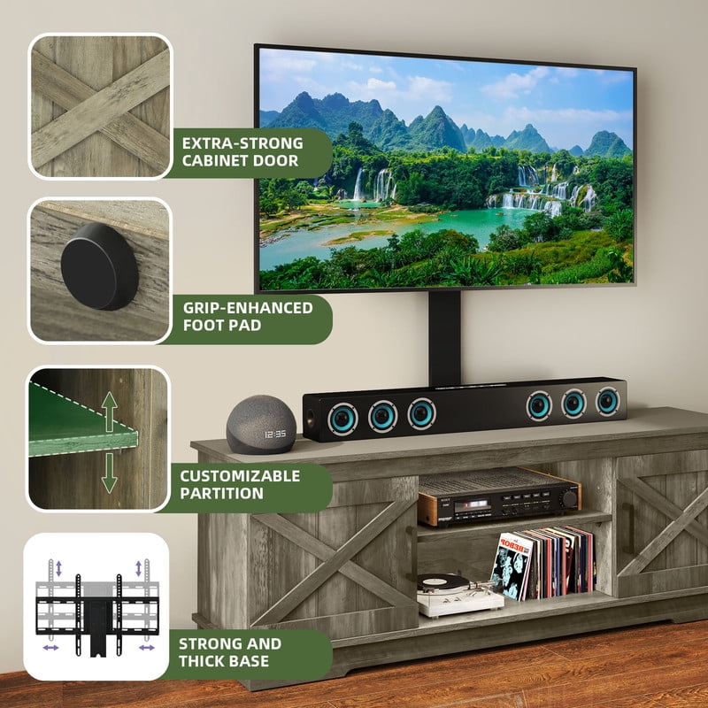 Uforic Farmhouse TV Stand with Mount for 60/65/70 inch TVs, Entertainment Center, Height Adjustable, Rustic Oak