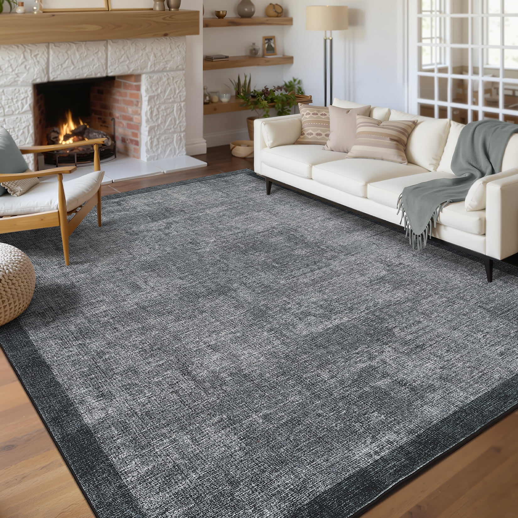 Hasoo Washable Geometric Border Living Room Area Rug 8x10 Large Modern Solid Soft Stain Resistant Indoor Gray Neutral Carpet