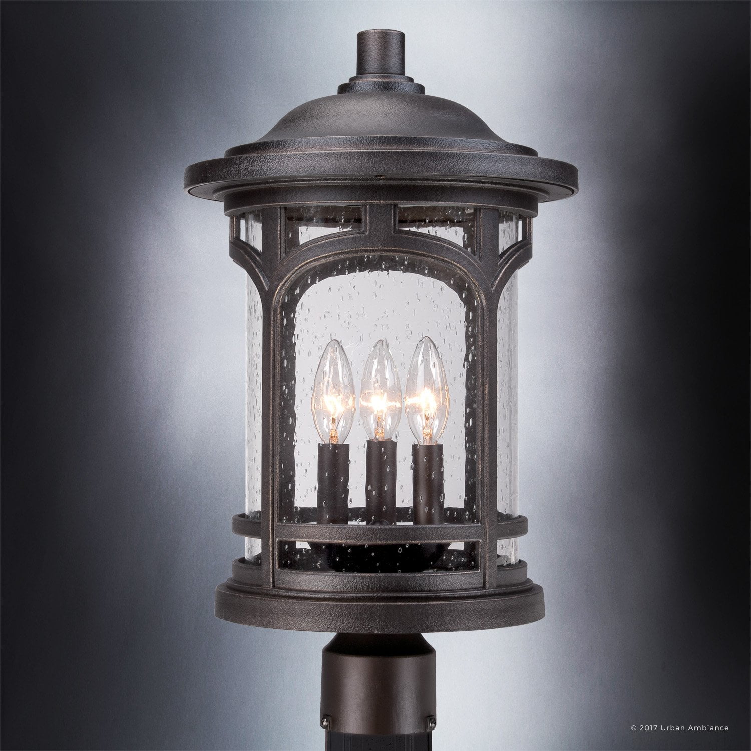Urban Ambiance Luxury Rustic Outdoor Post Light, Medium Size: 19"H x 11"W, with Colonial Style Elements, Wrought Iron Design, Oil Rubbed Parisian Bronze Finish and Seeded Glass, UQL1107