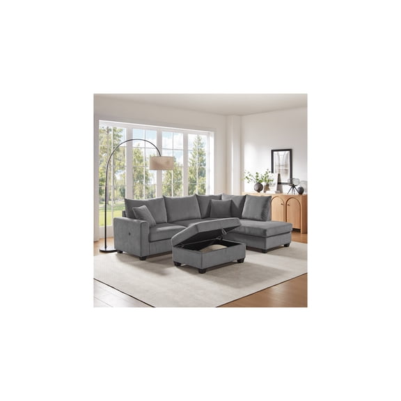 Rowan 107"W Dark Gray Corduroy Fabric Sect.Sofa RF Chaise USB Strg Ottoman Plws